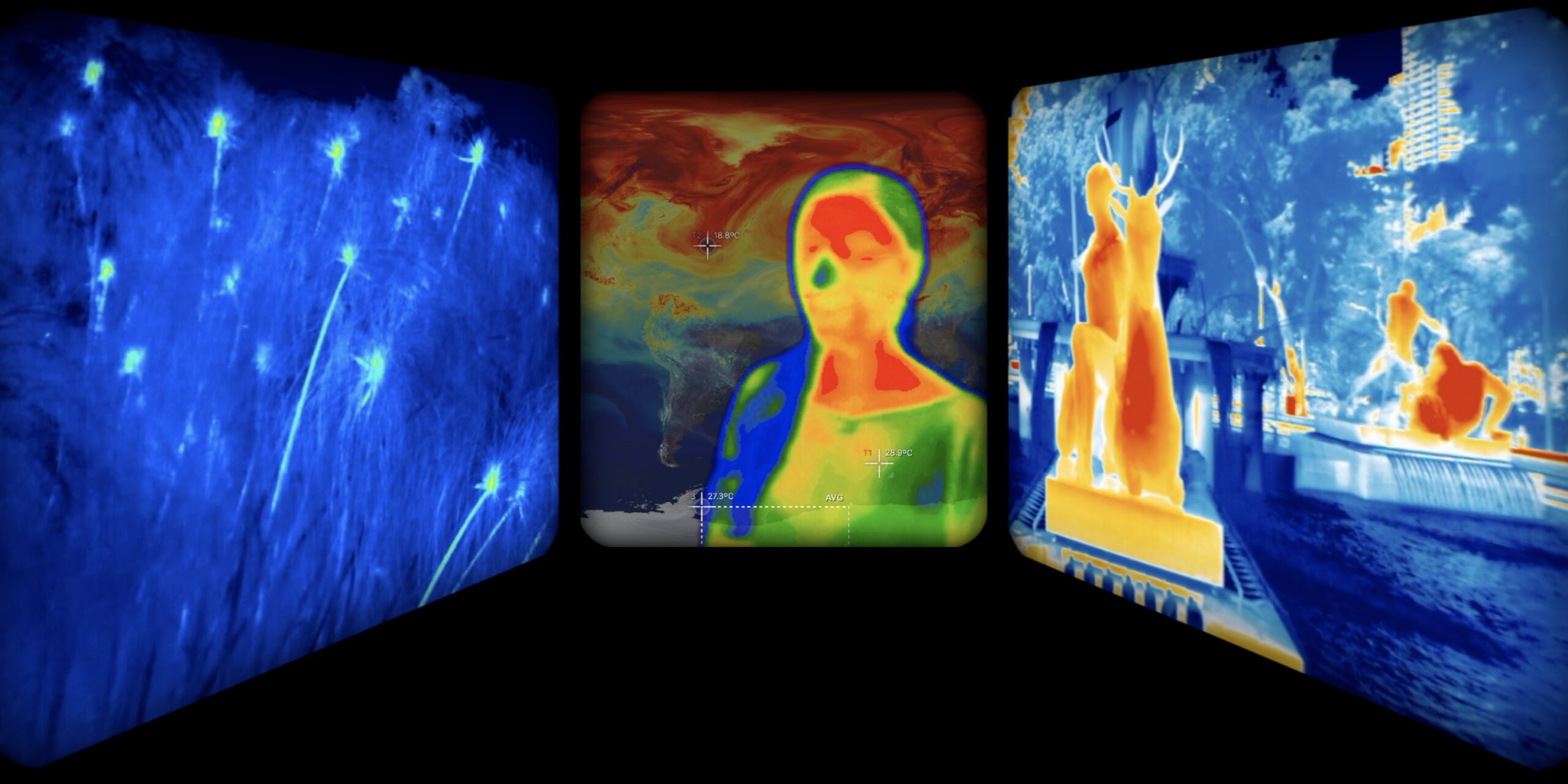 A painting made up of three sections showing heatmap images