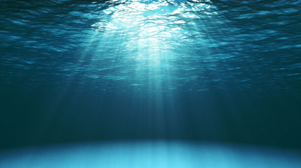 view of ocean from the seabed with light coming through the water