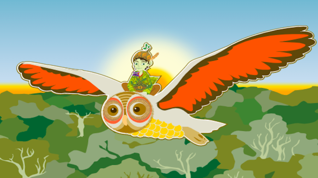 forest sprite Ghilllie Dhu riding owl flying over forest